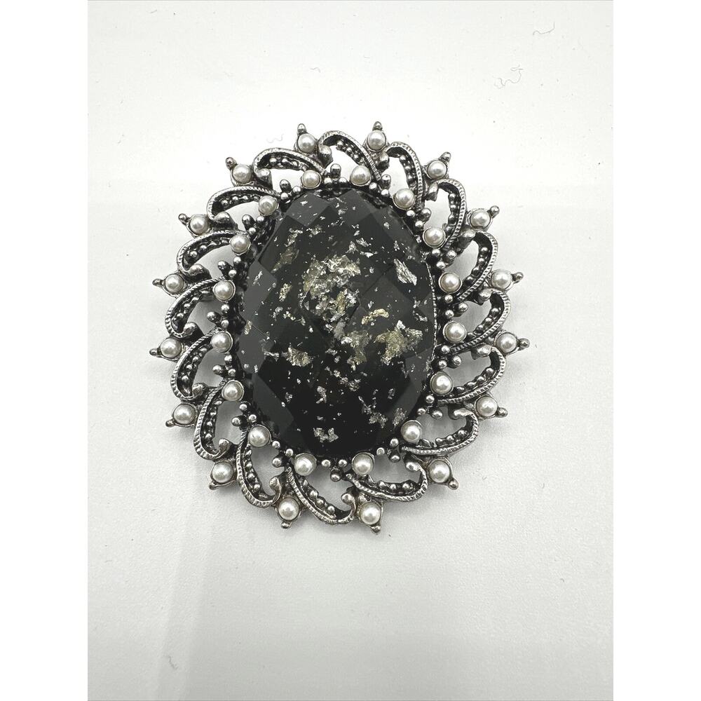 Vintage Stone & Faux Pearl Silver Brooch,  Black, J-01-19